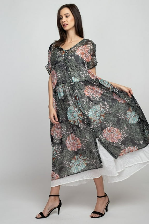 MAZEL Sheer Floral Pattern Dress with Button Front and Short Sleeve