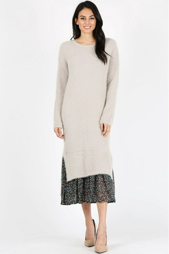 MAZEL Textured Midi Dress with Print Hem Flounce