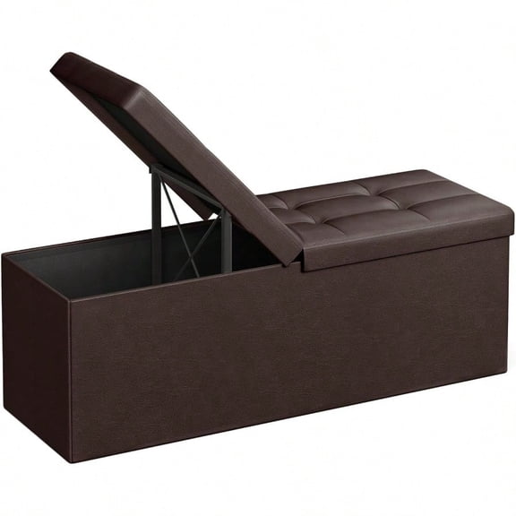 MAZIE Collection 43 Inches Storage Ottoman Bench With Flipping Lid Storage Chest With Iron Frame Support Load 660 Lb For Living Room Bedroom Synthetic Leather Brown ULSF75BR