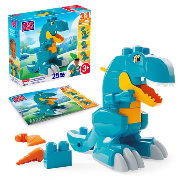 MEGA BLOKS Fisher-Price Build & Chomp Dinosaur T-Rex Block Toy with Rolling Wheels (25 Pieces) for Kids
