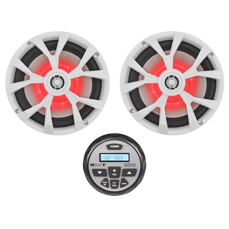 MB Quart GMR-2.5 Marine Bluetooth Gauge Receiver+(2) White 8" Boat LED Speakers