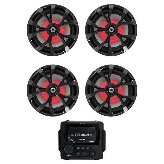 MB Quart GMR-LED Marine/Boat Receiver w/Bluetooth/USB+(4) 8" Black LED Speakers