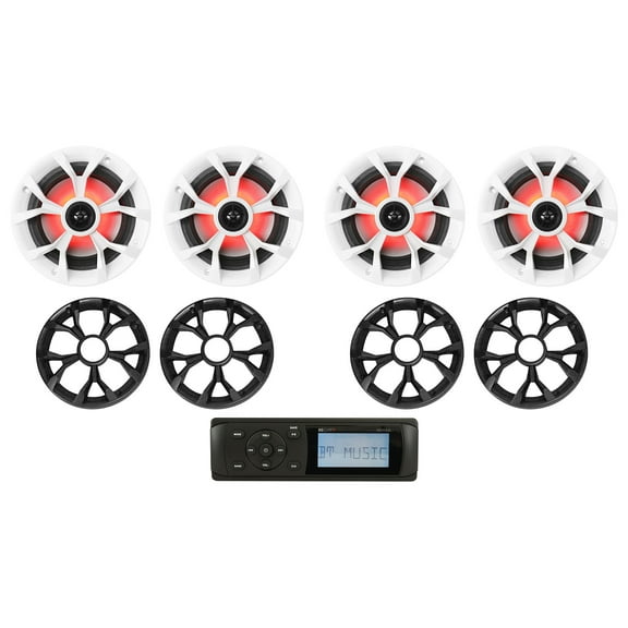 MB Quart MDR2.0 1-Din Marine/Boat Bluetooth/USB Receiver+(4) 6.5" LED Speakers
