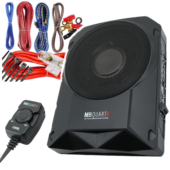 MB Quart RW-108A 600 Watt Slim Under-Seat Powered Car/Truck Subwoofer Sub+Amp Ki Bundle