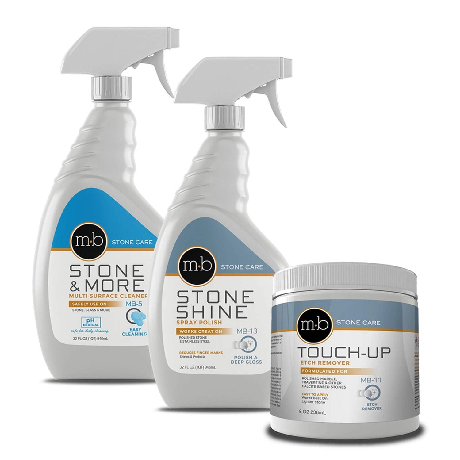 MB Stone Care Marble Repair Kit MB-5 Multi-Surface Cleaner, MB-13 Stone Shine Spray Polish & MB-11 Touch Up Etch Remover Ready to Use Bundle