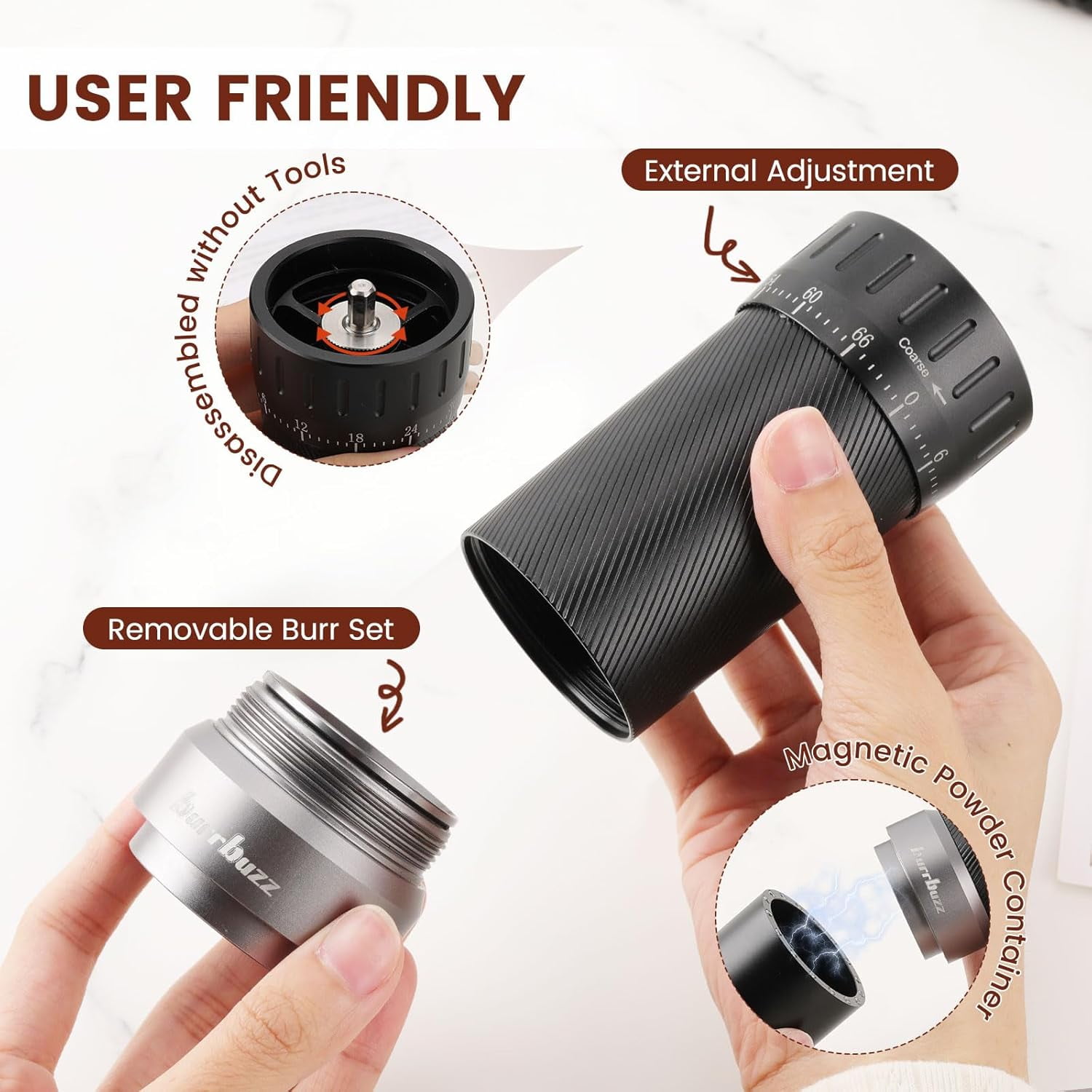 MB2 Manual Coffee Grinder with External Adjustment, 35g Large Capacity Burr Grinder, Magnetic Catch Cup for Espresso Pour Over French Press