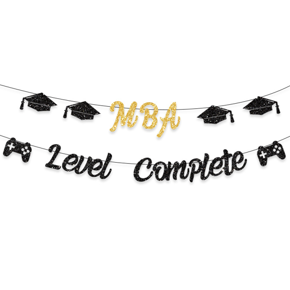 MBA Level Complete Graduation Banner, Black and Gold Glitter, Gamer Theme Party Decoration