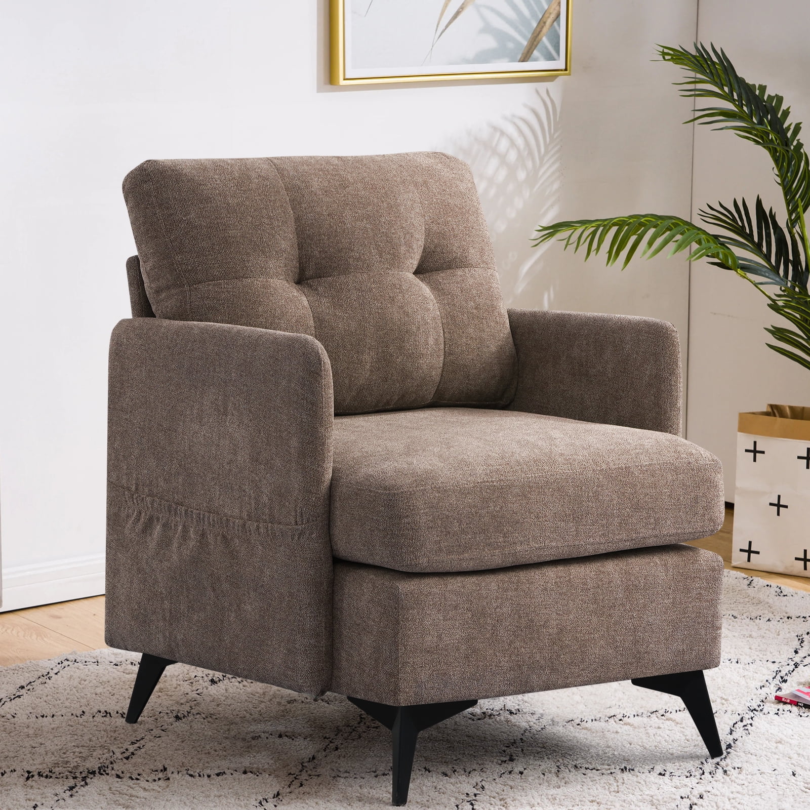 MBBMW Modern Upholstered Accent Chair Armchair, Linen Living Room Chair, Single Sofa with Side Pocket and High Resilience Seating, Brown
