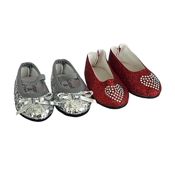 MBD® 18 Inch Doll Shoes - Silver Sparkle Flats & Red Sparkle Flats with Gem Heart Design - Fits All 18 Inch Dolls and 18 Inch Kennedy and Friends Dolls