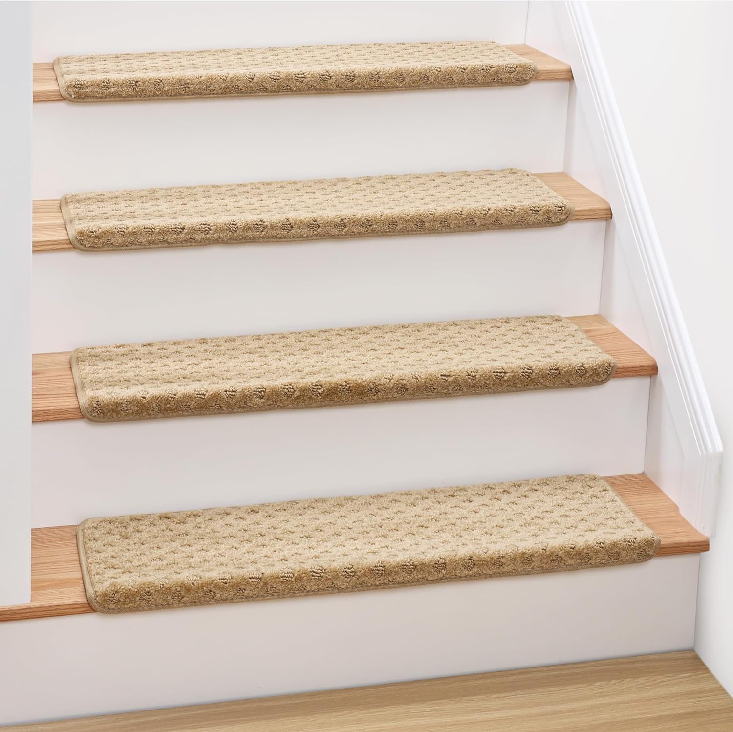 PURE ERA Bullnose Plush Carpet Stair Treads 14pcs With 1pcs Matching Landing Mat Self Adhesive