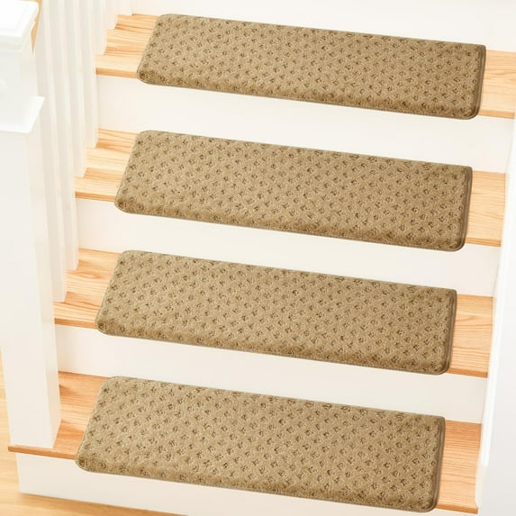 MBIGM Bullnose Carpet Stair Treads for Wooden Steps, Non-Slip Indoor Stair Runner w/ TPU Backing & Steel Reinforcement, Camel Lattice, 14 Pack