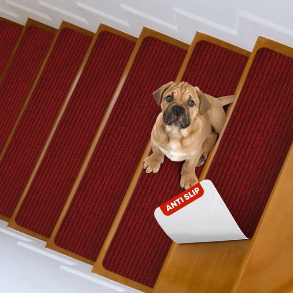 MBIGM Stair Treads for Wooden Steps, Non Slip Indoor Polyester Step Cover Striped Red, 15 Pack