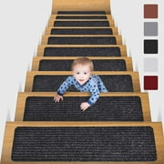 MBIGM Striped Indoor & Outdoor Non-Slip Stair Treads, Carpet Stair Runners, 15 Pcs Black 8X30", Synthetic Wool Blend