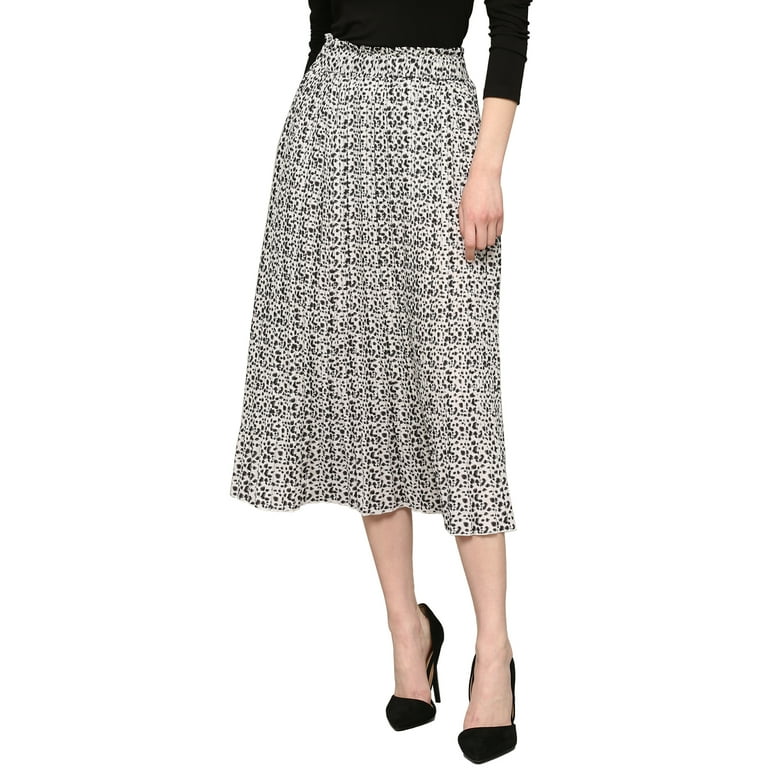 MBJ WB2383 Womens High Waist Polka Dot Pleated Skirt Midi Swing Skirt with Pockets L WHITE BLACK