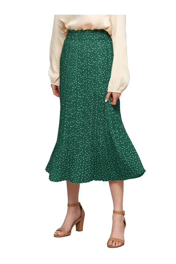 MBJ WB2383 Womens High Waist Polka Dot Pleated Skirt Midi Swing Skirt with Pockets XL GREEN_POLKA