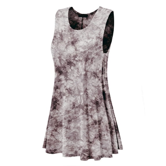 MBJ WDR1077 Womens Tie Dye Round Neck Sleeveless Trapeze Dress Tunic Top S BROWN