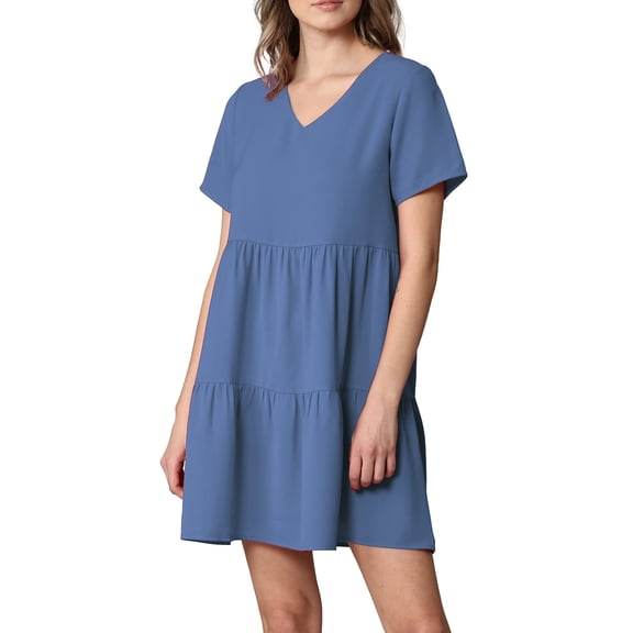 MBJ WDR2354 Women Short Sleeve Tunic Dress V Neck Casual Loose Flowy Swing Shift Dresses XL DENIM