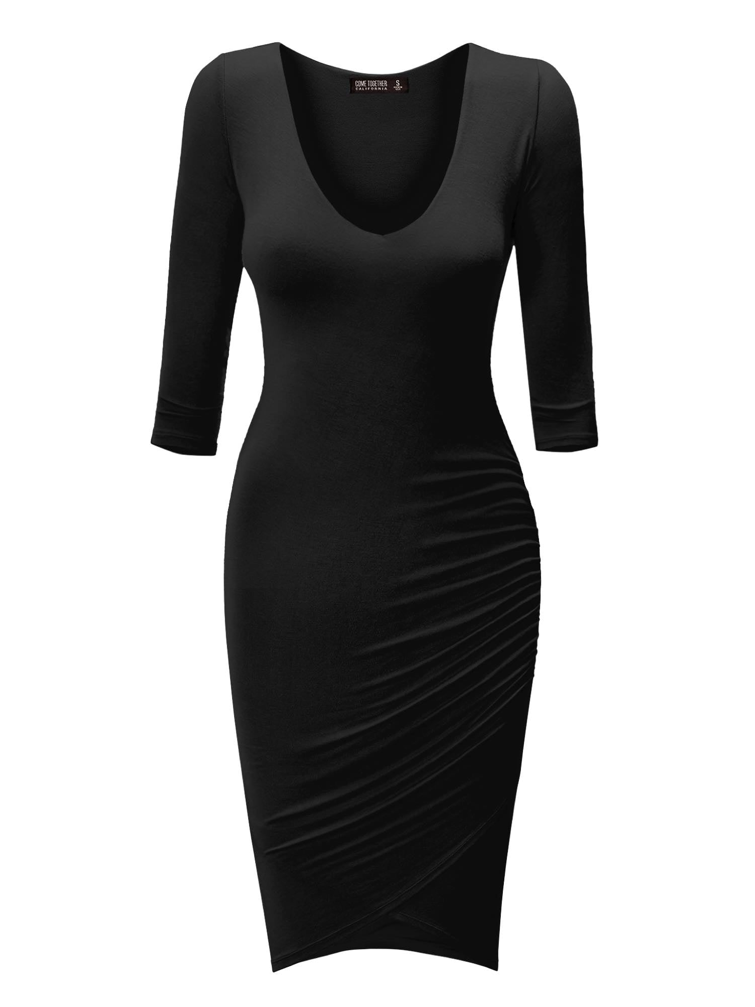 3 4 sleeve black bodycon dress Black 3/4 Sleeve Tie Neck Bodycon Pencil Dress – Pretty Kitty Fashion main image 0