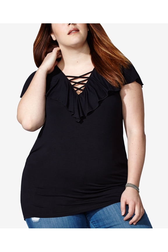 By Tess Holliday Trendy Plus Size Ruffle Lace-Up Top (Black, 0X)