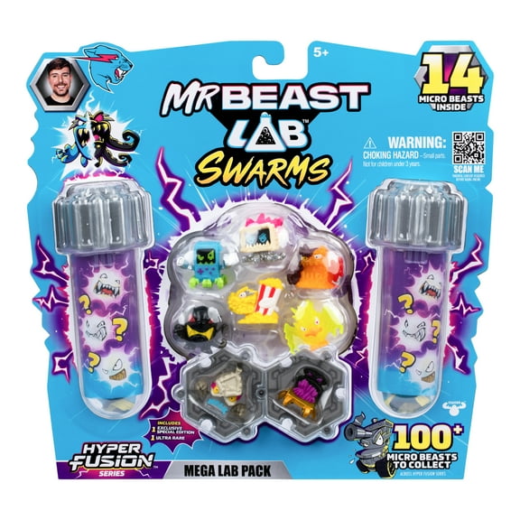 MrBeast Lab Swarms Hyper Fusion Series, Mega Lab Pack Includes 14 Micro Beasts, 14 Collectible Stickers & 4 Fusion Caps, Ages 5+