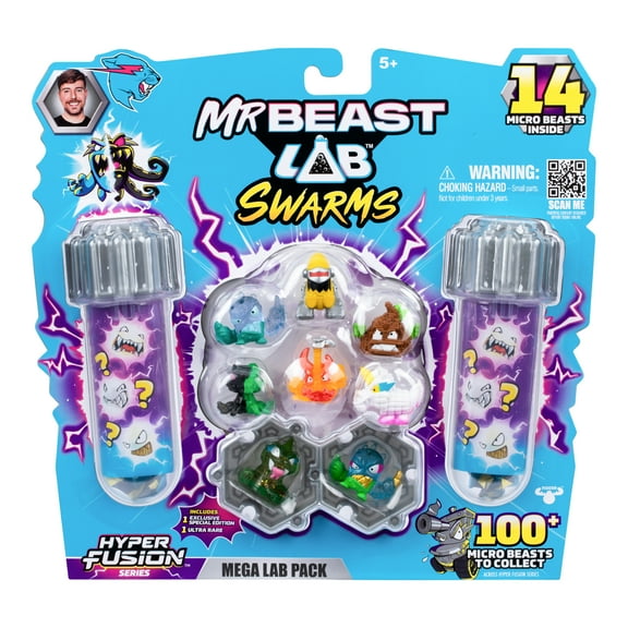 MrBeast Lab Swarms Hyper Fusion Series, Mega Lab Pack Includes 14 Micro Beasts, 14 Collectible Stickers & 4 Fusion Caps, Ages 5+