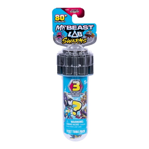 MrBeast Lab Swarms Battle Fusion Series, Test Tube Pack Includes 3 Micro Beasts (1"), Collectible Stickers & Stackable Fusion Cap, Collect 80+, Ages 5+