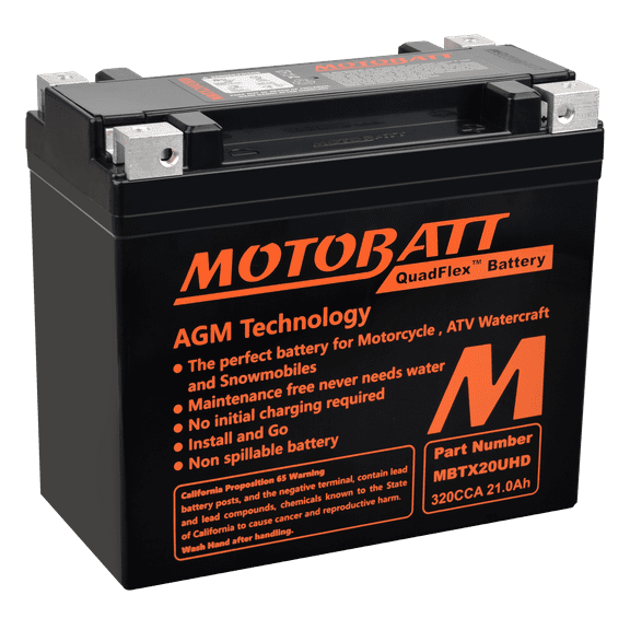 MotoBatt MBTX20UHD 21Ah 310 CCA AGM Powersports Battery replaces YTX20HL