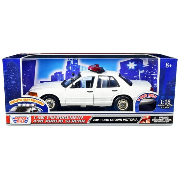 2001 Ford Crown Victoria Police Car Plain White w/ Flashing Light Bar, Front & Rear Lights & Sounds 1/18 by Motormax