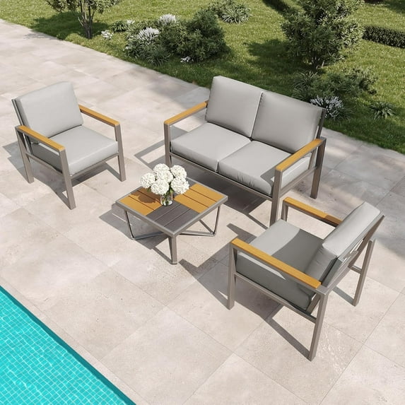 MBY 4-Piece Outdoor Patio Furniture Set, Metal Conversation Set with Cushions & Wood-Like Armrests, Modern Patio Sectional with Coffee Table for Garden, Porch, Balcony, Yard (Gray)