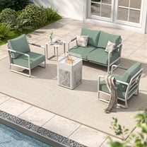 MBY 4-Seat Aluminum Patio Furniture Set with 45,000 BTU Propane Fire Pit Table and Glass Wind Guard, Weather-Resistant for Garden, Pool or Balcony-White