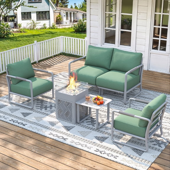 MBY 4-Seat Aluminum Patio Furniture Set with 45,000 BTU Propane Fire Pit Table and Glass Wind Guard, Weather-Resistant for Garden, Pool or Balcony-White