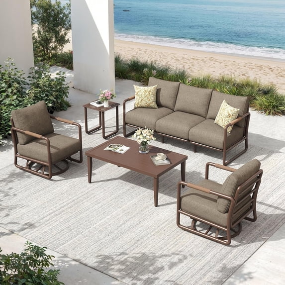 MBY 5-Piece Aluminum Patio Furniture Set, All-Weather Conversation Set with 2 Swivel Rocking Chairs, 3-Seat Sofa & Rectangular Coffee Table for Pool Garden Balcony, Brown