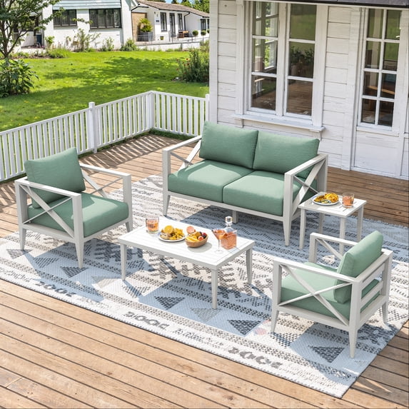 MBY 5-Piece Aluminum Patio Furniture Set, Outdoor Conversation Sofa Set with Coffee Table, All-Weather Deep Seating, Rust-Proof Frame for Backyard, Deck, Porch, or Balcony-White