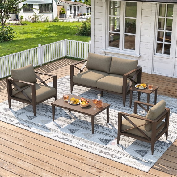 MBY 5-Piece Aluminum Patio Furniture Set, Outdoor Conversation Sofa Set with Coffee Table, All-Weather Deep Seating, Rust-Proof Frame for Backyard, Deck, Porch, or Balcony-Brown