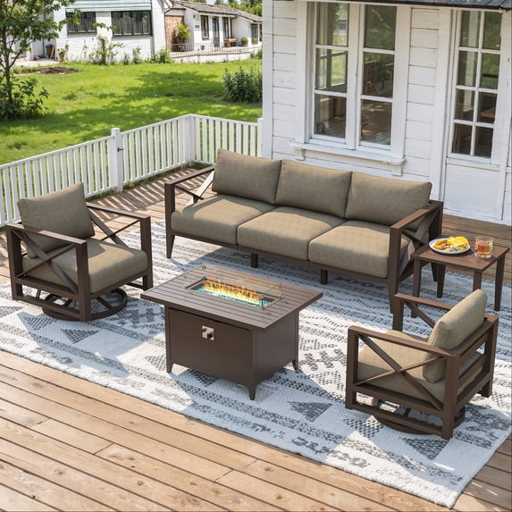 MBY 7-Piece Aluminum Patio Furniture Set with Fire Pit Table, All-Weather Outdoor Set with Swivel Rocking Chairs, Oversized Modern Sofa for Backyard,Deck,Balcony–White