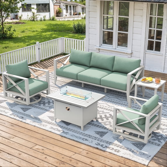 MBY 7-Piece Aluminum Patio Furniture Set with Fire Pit Table, All-Weather Outdoor Set with Swivel Rocking Chairs, Oversized Modern Sofa for Backyard,Deck,Balcony–White