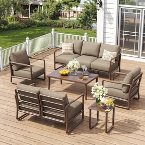 MBY 7-Seat Aluminum Patio Furniture Set, Conversation Set with Coffee Table, Thick Cushions, All-Weather Frame, Modern Seating for Backyard Poolside Porch, Brown
