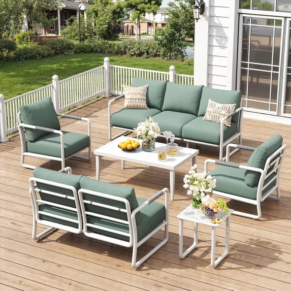 MBY 7-Seat Aluminum Patio Furniture Set, Conversation Set with Coffee Table, Thick Cushions, All-Weather Frame, Modern Seating for Backyard Poolside Porch, White