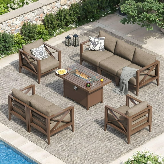 MBY 8-Piece Aluminum Patio Furniture Set, Oversized Outdoor Set with Fire Pit Table & Coffee Table, All Weather Modern White Sofa for Deck, Garden, Poolside-White
