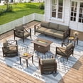 thumbnail image 1 of MBY 9-Piece Aluminum Patio Furniture Set with Fire Pit Table, All-Weather Outdoor Conversation Set with Swivel Rocking Chairs, Modern Sofa for Backyard,Deck,Balcony–White, 1 of 9