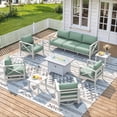 thumbnail image 1 of MBY 9-Piece Aluminum Patio Furniture Set with Fire Pit Table, All-Weather Outdoor Conversation Set with Swivel Rocking Chairs, Modern Sofa for Backyard,Deck,Balcony–White, 1 of 8