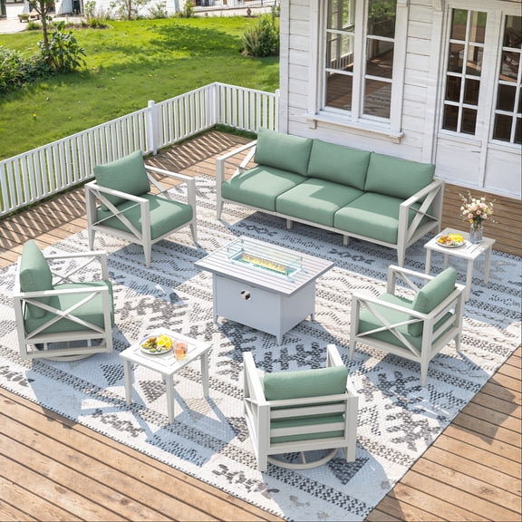 Aluminum 5-Seat Patio Furniture Set with Fire Pit Table, 2 Swivel Rocking Chairs, All-Weather Outdoor Conversation Set, White