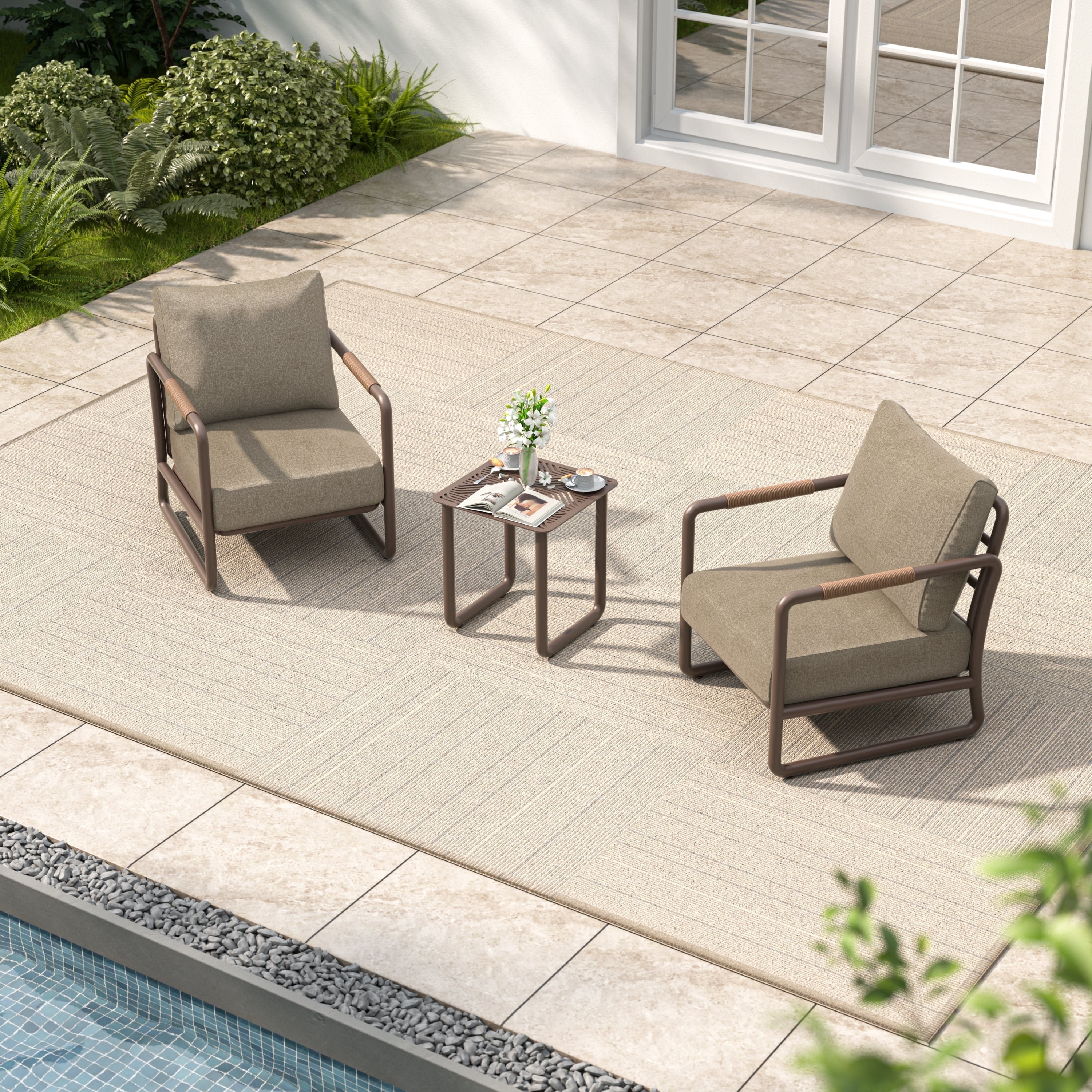 MBY Aluminum Outdoor Patio Furniture Set, 2-Seat Sofa with Coffee Table and Cushions, Weather-Resistant for Garden or Pool-Brown