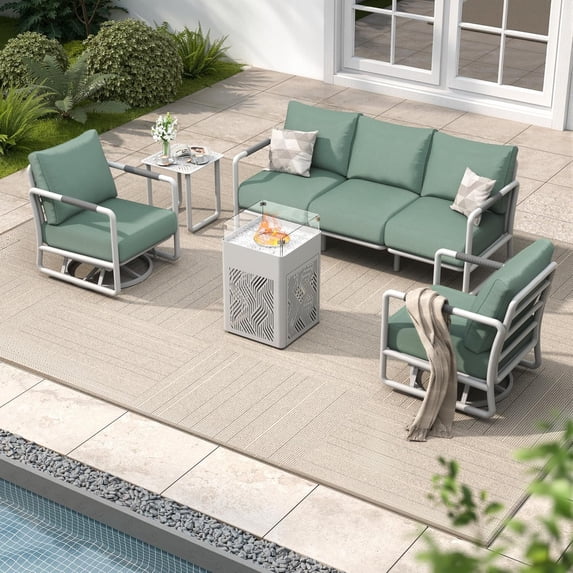 MBY Aluminum Outdoor Patio Furniture Set, 5-Seat Conversation Set with 2 Swivel Rocking Chairs & 45000 BTU Fire Pit Table w/Glass Wind Guard, All-Weather for Balcony Garden, White