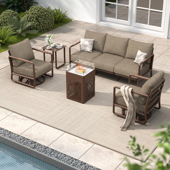 MBY Aluminum Outdoor Patio Furniture Set, 5-Seat Conversation Set with 2 Swivel Rocking Chairs & 45000 BTU Fire Pit Table w/Glass Wind Guard, All-Weather for Balcony Garden, Brown