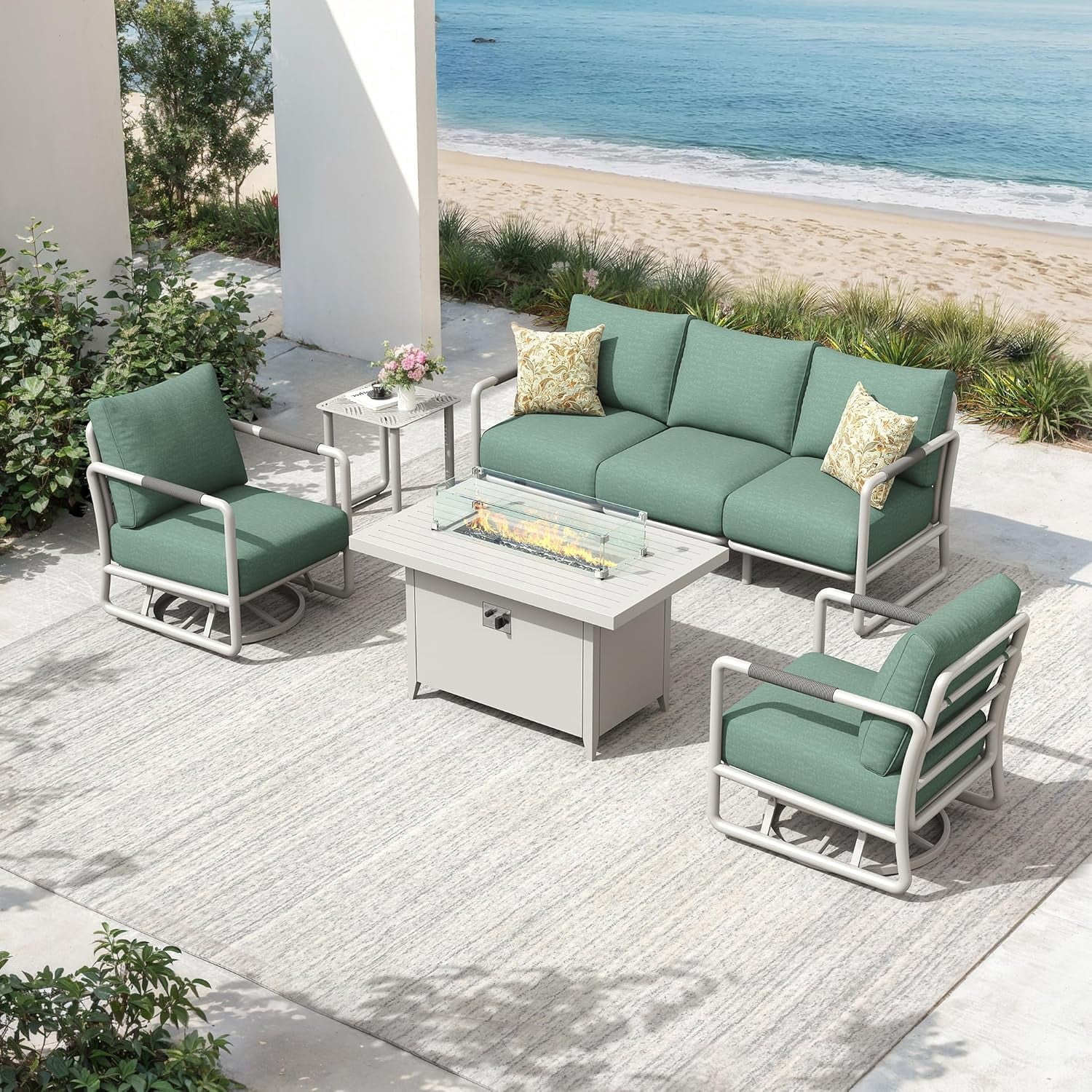 MBY Aluminum Patio Furniture Set, 5-Seat Conversation Set with 2 Swivel Rocking Chairs & Oversized Fire Pit Table and Glass Wind Guard, All-Weather for Balcony Garden, White
