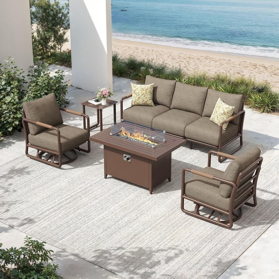 MBY Aluminum Patio Furniture Set, 5-Seat Conversation Set with 2 Swivel Rocking Chairs & Oversized Fire Pit Table and Glass Wind Guard, All-Weather for Balcony Garden, Brown