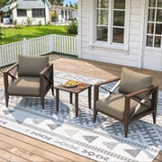 2-Seat Aluminum Patio Conversation Set with Coffee Table, All-Weather Outdoor Furniture, Brown