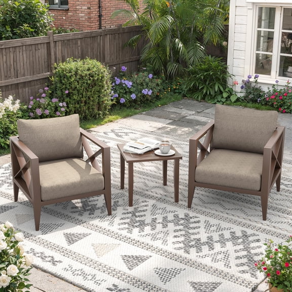 MAISON HUIS Outdoor Aluminum Patio Furniture Set, 3 Piece All-Weather Patio Sectional Conversation Sets with 6 Inch Cushions and Coffee Table for Backyard, Porch (Brown)