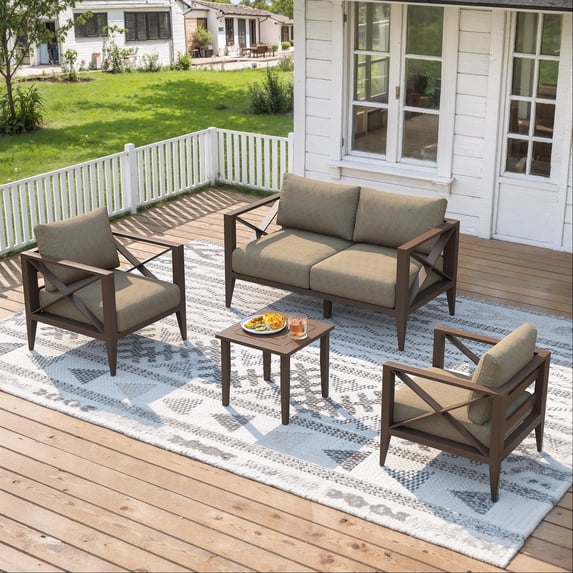 Outdoor Aluminum Patio Furniture Set, 4-Seat Sofa with 2 Chairs & 2 Coffee Tables, All Weather Brown